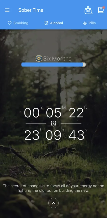 Sober Time home screen counting years, months, days, hours, minutes and seconds sober