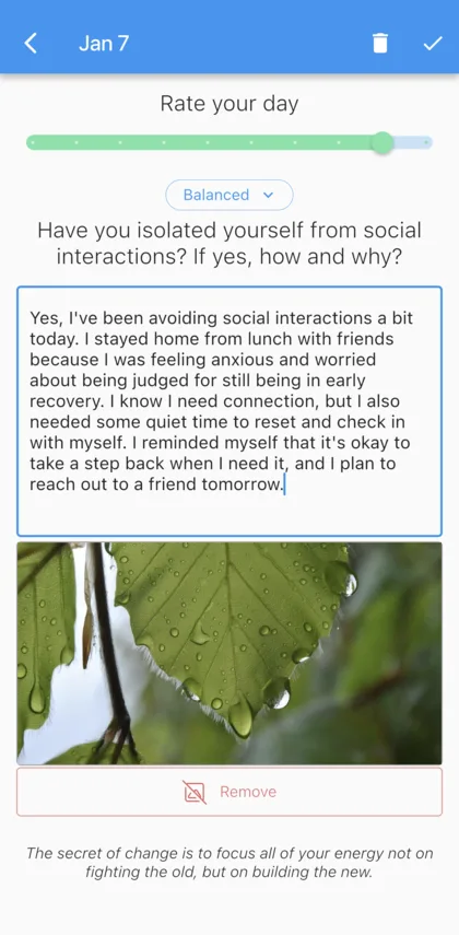A journal entry with a day rating, a reflection prompt and a photo