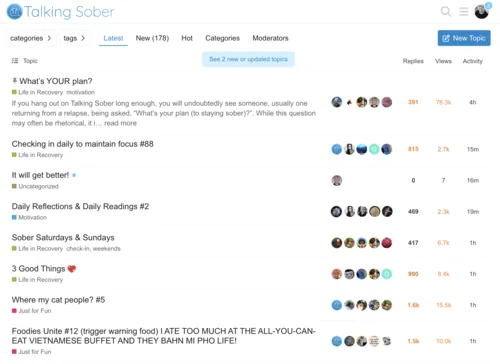 The Talking Sober forum, listing recent topics from members